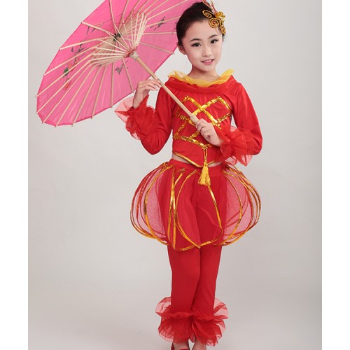 Children chinese folk dance costumes  new year celebration china lantern  stage performance yangko dance dress for girls